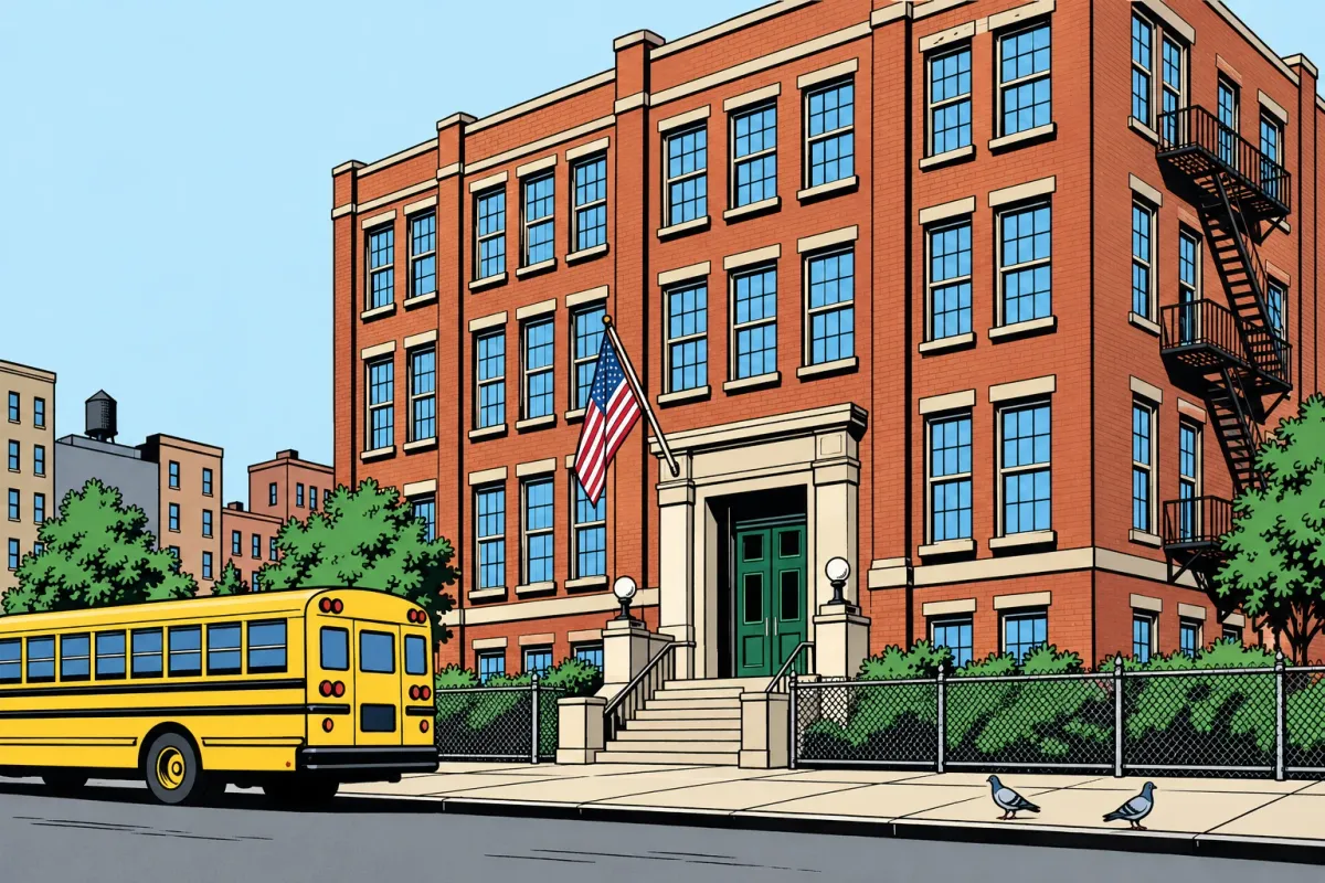 A New York City public school on a morning, a yellow school bus at the curb.