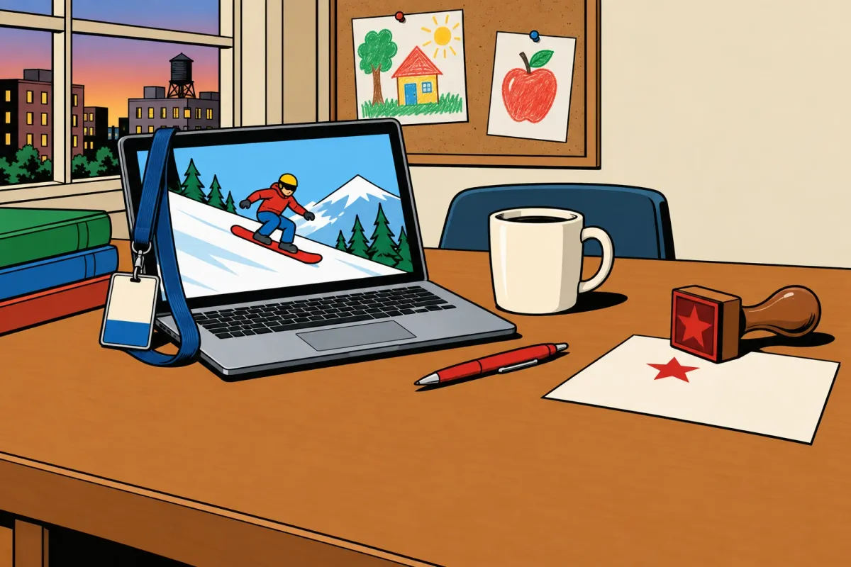 A teacher’s desk after hours: a laptop with a game on screen, a red pen, a rubber stamp and a star-stamped sheet.