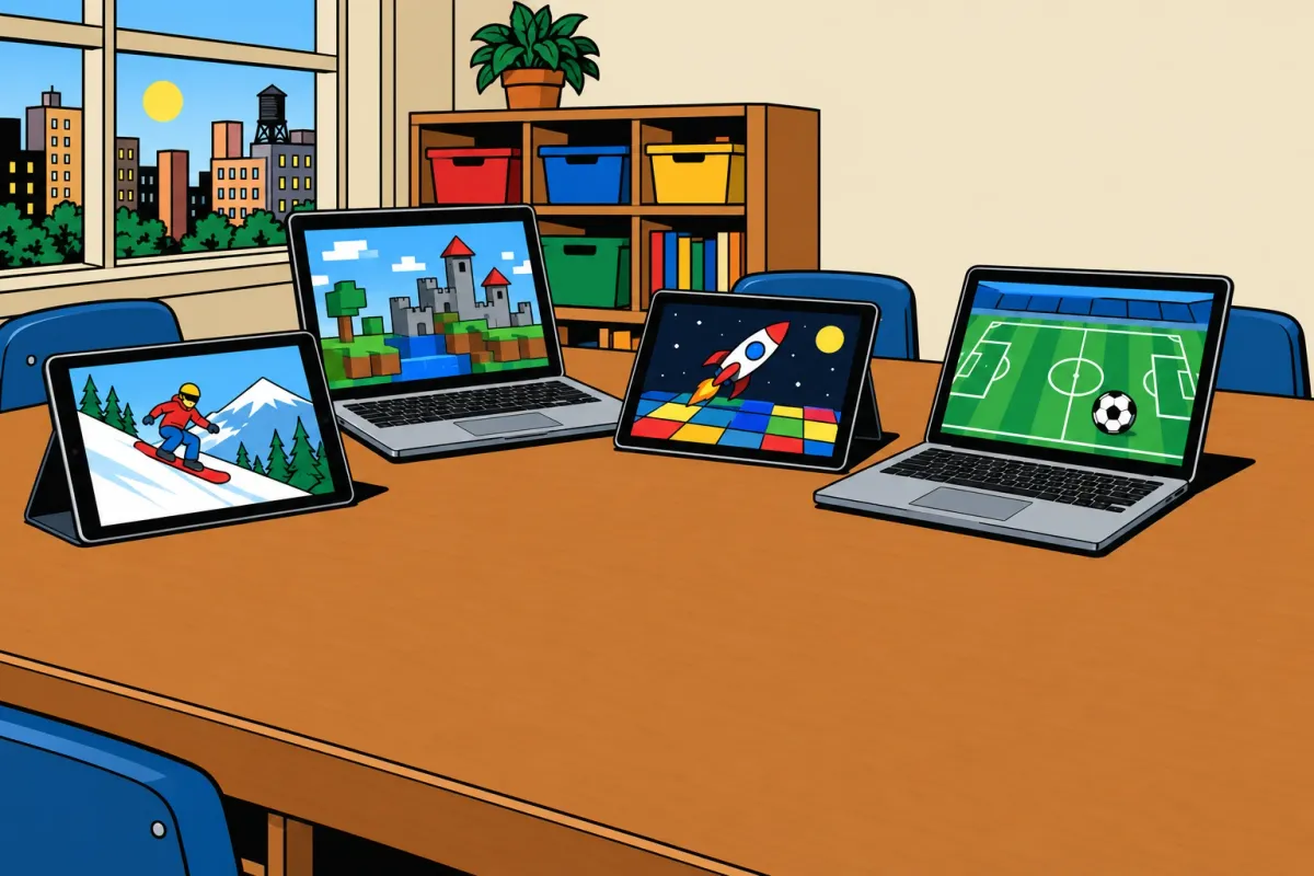 A classroom table with several screens propped up, each showing a different game.